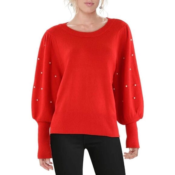 CeCe Women's Embellished-Sleeve Pearl Crewneck Sweater in Bright Cherry - Medium - Picture 2 of 8